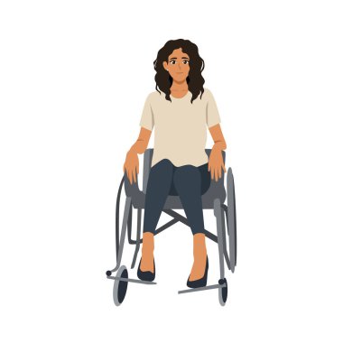 Tekerlekli sandalyede oturan kadın. Düz vektör Karakteri çizimi