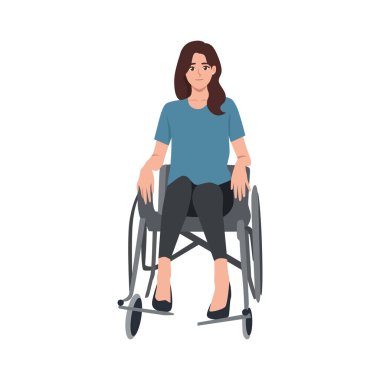 Tekerlekli sandalyede oturan genç bir kadın. Düz vektör Karakteri çizimi