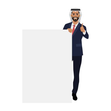 Resmi takım elbiseli yönetici elinde boş bir kağıt tutuyor ve işaret ediyor. Düz Vektör karakter çizimi