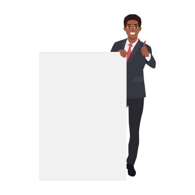 Resmi takım elbiseli genç yönetici elinde boş bir kağıt tutuyor ve işaret ediyor. Düz Vektör karakter çizimi