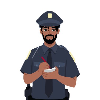 Erkek polis memuru, park kurallarını ihlal eden bir sürücü için ceza kesiyor. Düz vektör Karakteri çizimi