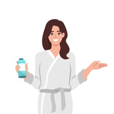 Elinde şampuan ya da sabun şişesi tutan bornozlu bir kadın. Düz vektör Karakteri çizimi