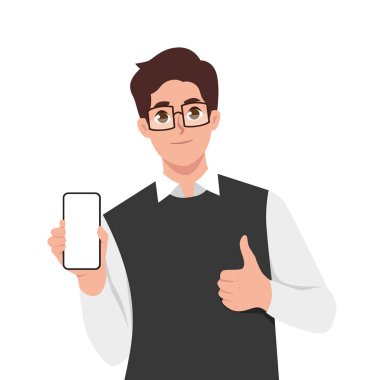 Akıllı telefon gösteren ve işaret veren genç bir adam. Düz Vektör Karakteri çizimi