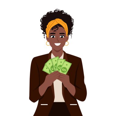 Zenginlikten heyecan duyan bir kadın elinde bir tomar para tutuyor. Düz vektör Karakteri çizimi