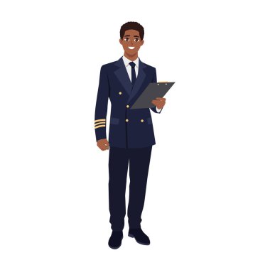 Pilot kamarot yolcu listesine notlar yazıyor. Düz Vektör karakter çizimi