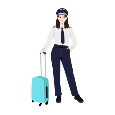 Genç havacılık güzel bayan pilotlar bagaj taşıyorlar. Düz Vektör karakter çizimi