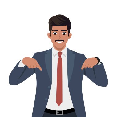 Takım elbiseli bir işadamı gülümseyerek aşağıdaki yönü işaret ediyor. Düz Vektör Karakteri İzole Edildi.