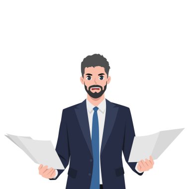 Öfkeli adam, bürokrasi ve evrak işlerinin çokluğu konusunda gergin. Düz Vektör Karakteri İzole Edildi.