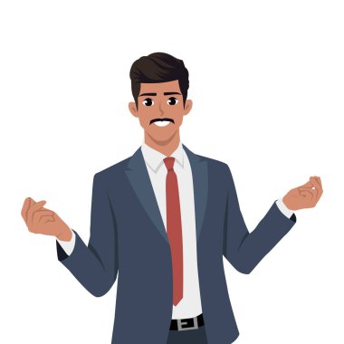 Genç iş adamı el işareti ile para istiyor. Düz Vektör Karakteri İzole Edildi.