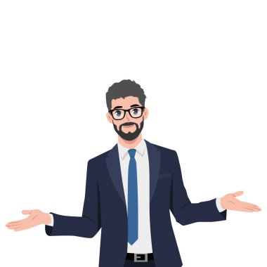 İş adamı kollarını açmış karşılıyor. Düz Vektör Karakteri İzole Edildi.