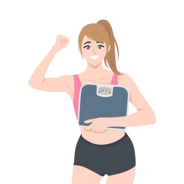 Gülümseyen neşeli genç bir kadın terazi tutuyor. Düz vektör Karakteri Çizimi