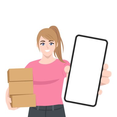 Genç ve güzel bir kadın paket kutusunu tutuyor ve ekranı cep telefonuyla gösteriyor. Düz vektör Karakteri Çizimi