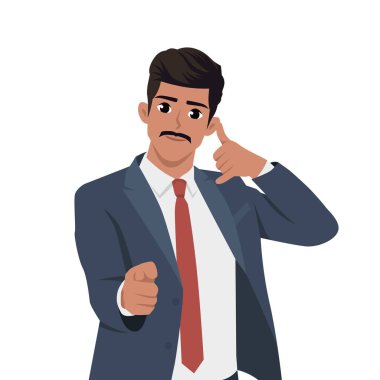 İş adamı telefonda konuşuyor ve sana işaret ediyor. Düz Vektör Karakteri İzole Edildi.