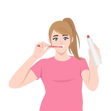 Diş fırçasıyla dişlerini fırçalayan ve diş macunu tutan bir kadın. Düz vektör Karakteri Çizimi