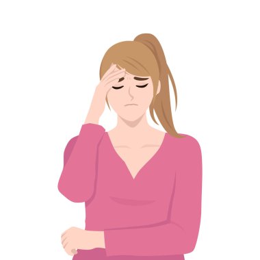 Genç bir kadın iş yerinde hastalık ya da stres yüzünden başını tutuyor. Düz vektör Karakteri Çizimi