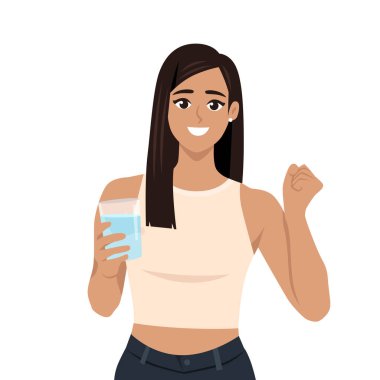 Tanıtım için elinde bir bardak su tutan genç kadın. Düz vektör Karakteri Çizimi