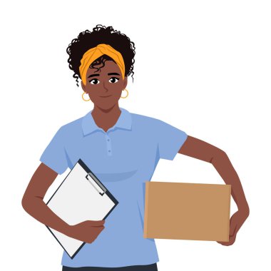 Paket taşıyan teslimatçı kadın ve gülümseme. Düz vektör Karakteri Çizimi