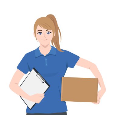 Paket taşıyan ve gülümseyen genç teslimatçı kadın. Düz vektör Karakteri Çizimi