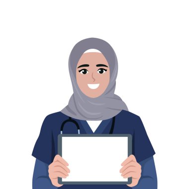 Genç hemşire tablette bir rapor gösteriyor. Düz vektör karakter çizimi.