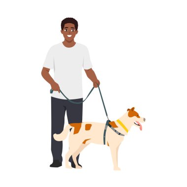 Şirin köpeğiyle yürüyen bir adam. Düz Vektör karakter çizimi