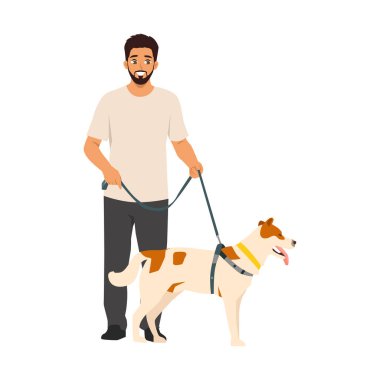 Genç adam sevimli köpeğiyle yürüyor. Düz Vektör karakter çizimi