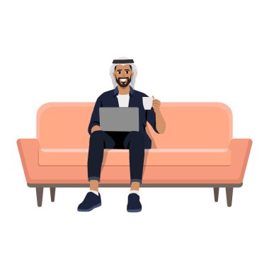 Man is sitting with laptop on the sofa at home. Working on a computer with coffee mug. Flat Vector character illustration