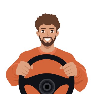 Genç adam sürücü karakteri direksiyonda el ele tutuşuyor. Düz Vektör karakter çizimi