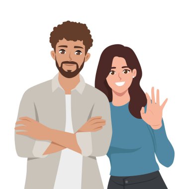 İş kıyafetleri giymiş genç bir çift ve sıradan giyinmiş bir kadın. Düz Vektör karakter çizimi