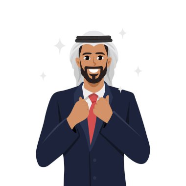 Takım elbiseli ve kravatlı işadamı başarılı ve motive olmuş hissediyor. Düz vektör karakter çizimi