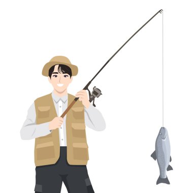 Genç balıkçı oltayla balık yakalıyor. Düz Vektör karakter çizimi