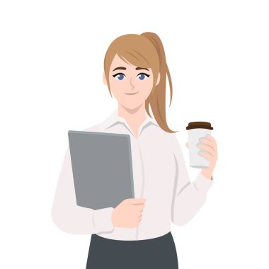 İş kadını elinde dizüstü bilgisayar ve bir fincan kahve tutuyor. Düz vektör karakter çizimi