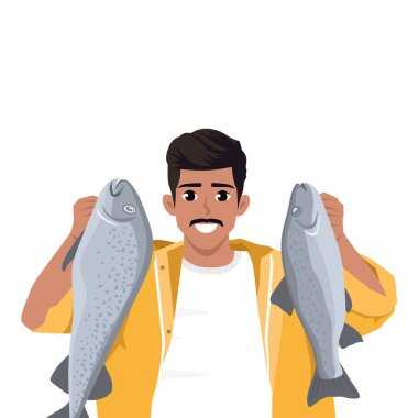 Balıkçılar büyük balıkları avlamaktan ya da taşımaktan gurur duyarlar. Düz Vektör karakter çizimi