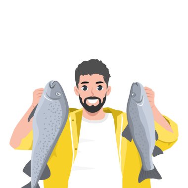 Genç balıkçılar büyük balıkları avlamaktan ya da taşımaktan gurur duyarlar. Düz Vektör karakter çizimi