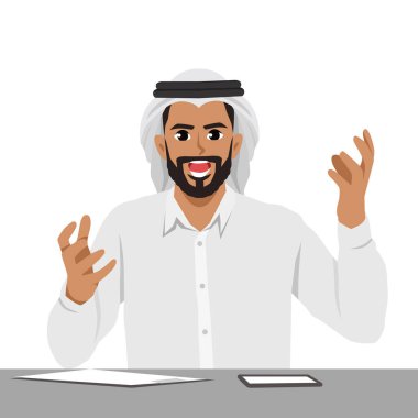 Ofis masasında oturan kızgın adam çok çalışmaktan acı çekiyor. Düz Vektör karakter çizimi