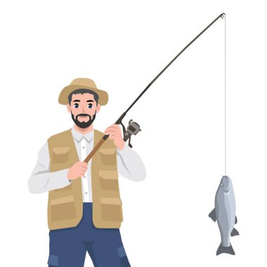 Fisherman catching fish on rod. Flat Vector character illustration clipart