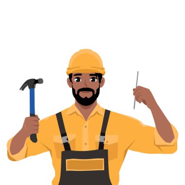 Marangoz çivi çakıyor. Çekiç ve çiviyle tamirci. Düz Vektör karakter çizimi