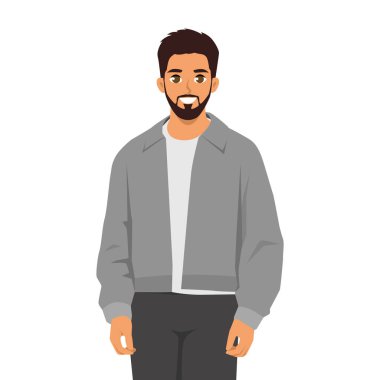 Young man with a beard and a grey jacket and pants. Flat Vector character illustration clipart