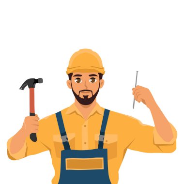 Tamirci marangoz çivi çakıyor. Çekiç ve çiviyle tamirci. Düz Vektör karakter çizimi