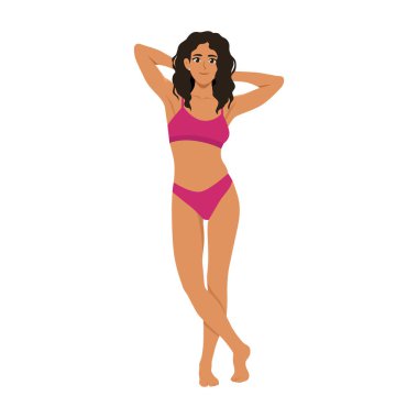 İç çamaşırı ya da bikini giyen bir model. Düz vektör Karakteri Çizimi