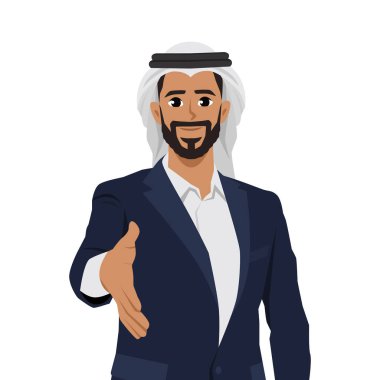 Genç işadamı el sıkışmak istiyor. Düz Vektör karakter çizimi