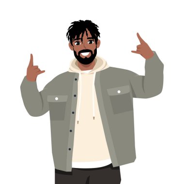 El kol hareketi yapan, rock 'n roll sembolü yapan ya da elleri havada işaret veren bir adam. Düz Vektör karakter çizimi