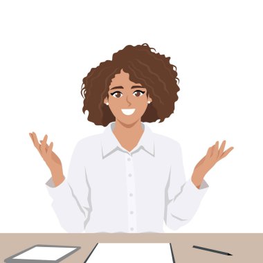 Genç iş kadını masanın önünde sunum jesti yapıyor. Düz vektör Karakteri Çizimi