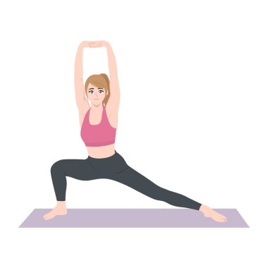 Hilal hareketli yoga pozu veren kadın egzersiz yapıyor. Düz vektör Karakteri Çizimi