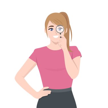 Ayakta duran ve elinde büyüteç tutan genç bir kadın. Düz vektör Karakteri Çizimi