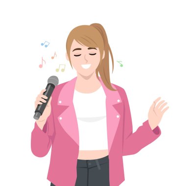 Mutlu kadın mikrofon tutarak şarkı söylüyor. Düz vektör Karakteri Çizimi