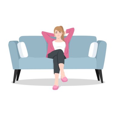 Kanepede dinlenen genç bir kadın kendisi için eğleniyor. Düz vektör Karakteri Çizimi