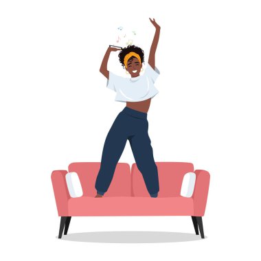 Evdeki dansçı kadın kanepede telefonundan eğlenceli şarkılar ya da müzik dinliyor. Düz vektör Karakteri Çizimi