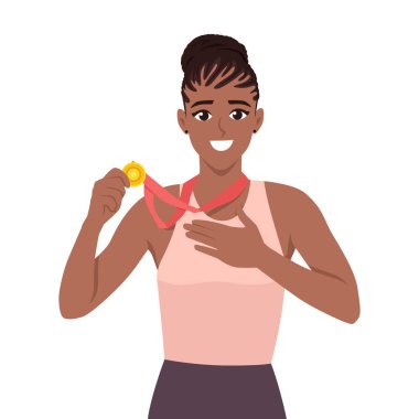 Altın madalyalı ve ödüllü genç bir kadın. Düz vektör Karakteri Çizimi