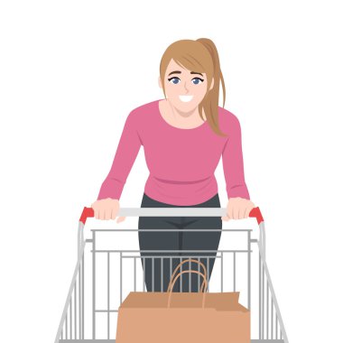 Alışveriş arabasını iten genç bir kadın. Düz vektör Karakteri Çizimi