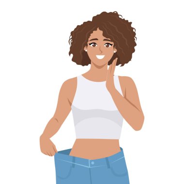 Zayıflayan kadın büyük pantolon giyiyor. Düz vektör karakter çizimi